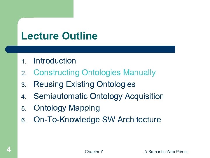 Lecture Outline 1. 2. 3. 4. 5. 6. 4 Introduction Constructing Ontologies Manually Reusing