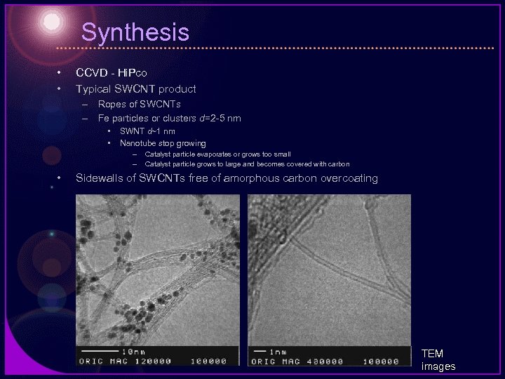 Synthesis • • CCVD - Hi. Pco Typical SWCNT product – Ropes of SWCNTs