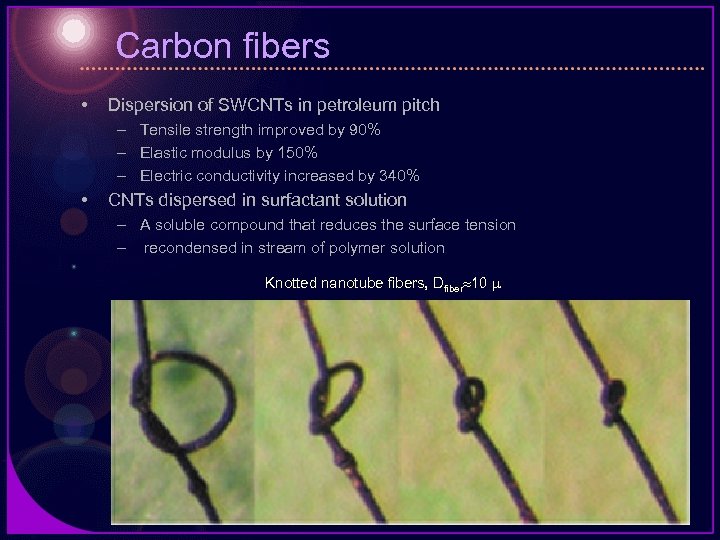 Carbon fibers • Dispersion of SWCNTs in petroleum pitch – Tensile strength improved by
