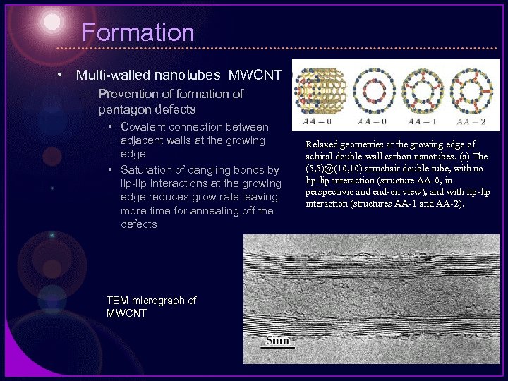 Formation • Multi-walled nanotubes MWCNT – Prevention of formation of pentagon defects • Covalent