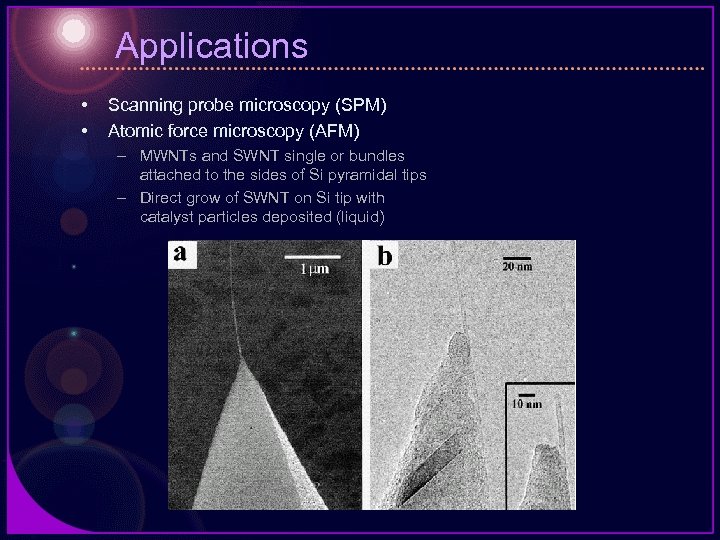 Applications • • Scanning probe microscopy (SPM) Atomic force microscopy (AFM) – MWNTs and
