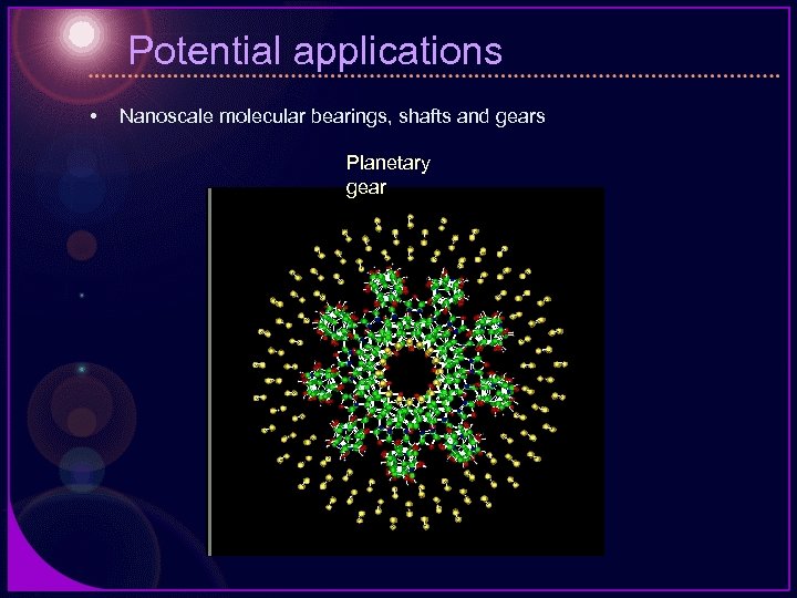 Potential applications • Nanoscale molecular bearings, shafts and gears Planetary gear 
