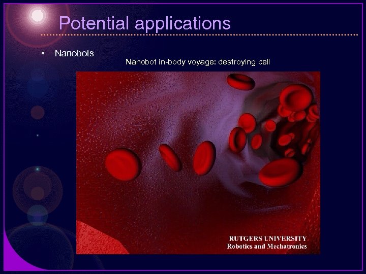 Potential applications • Nanobots Nanobot in-body voyage: destroying cell 