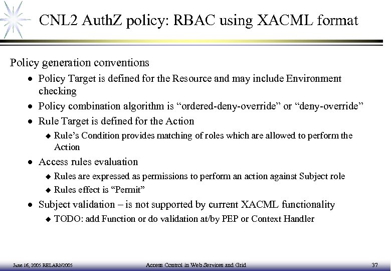 CNL 2 Auth. Z policy: RBAC using XACML format Policy generation conventions · Policy