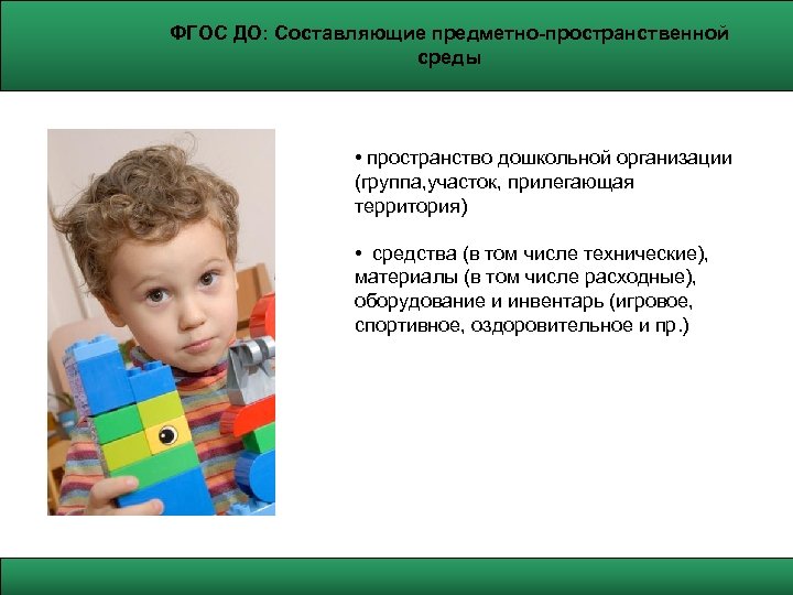 ФГОС ДО: Составляющие предметно-пространственной среды • пространство дошкольной организации (группа, участок, прилегающая территория) •