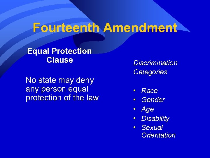 Fourteenth Amendment Equal Protection Clause No state may deny any person equal protection of