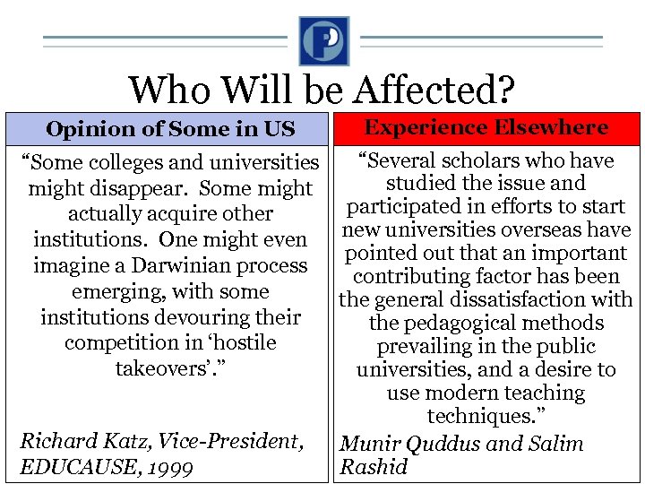Who Will be Affected? Opinion of Some in US Experience Elsewhere “Several scholars who