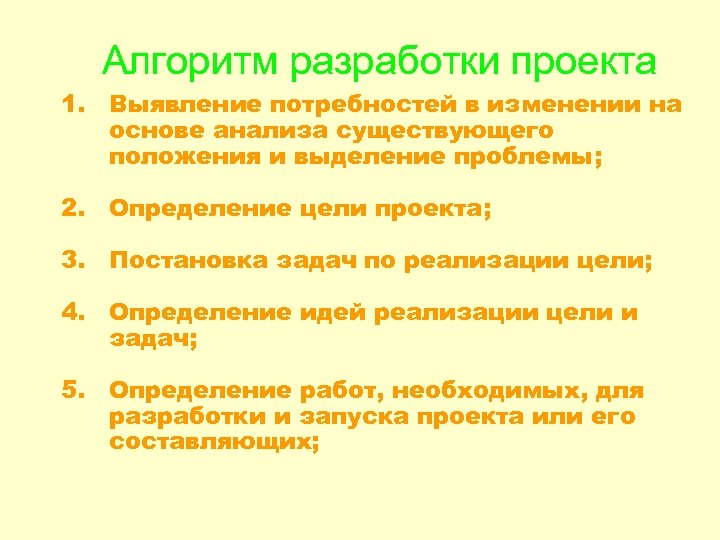 Алгоритм разработки проекта 1. Выявление потребностей в изменении на основе анализа существующего положения и