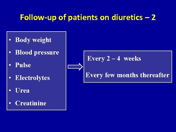 Follow-up of patients on diuretics – 2 • Body weight • Blood pressure •