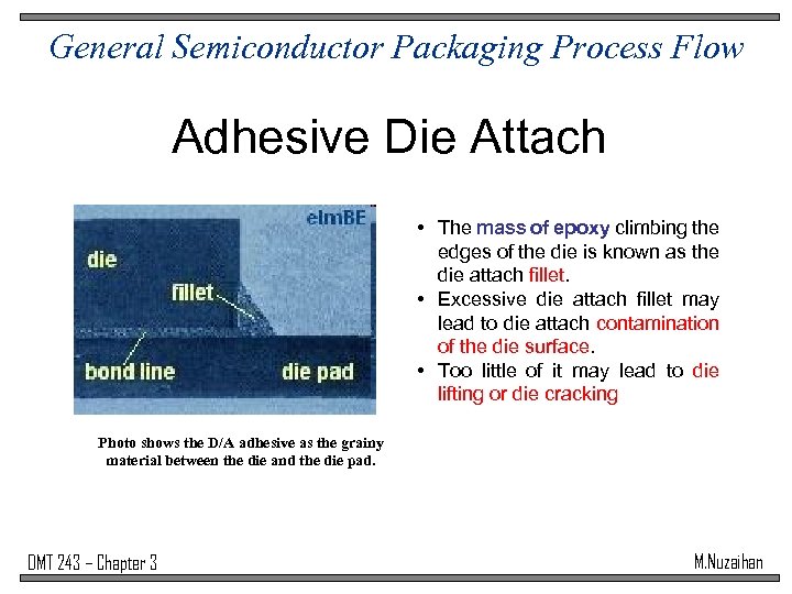 General Semiconductor Packaging Process Flow Adhesive Die Attach • The mass of epoxy climbing