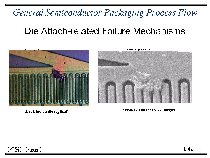 General Semiconductor Packaging Process Flow Die Attach-related Failure Mechanisms Scratches on die (optical) DMT