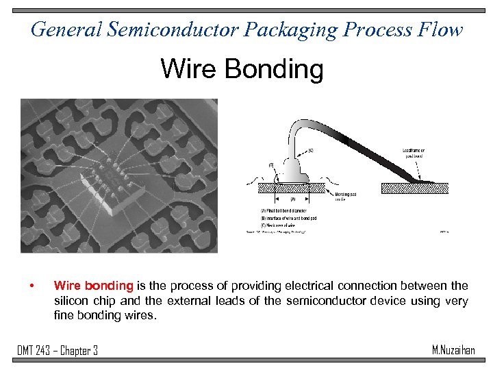 General Semiconductor Packaging Process Flow Wire Bonding • Wire bonding is the process of