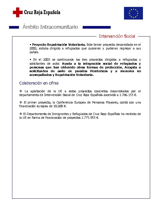  Ámbito Intracomunitario Intervención Social • Proyecto Repatriación Voluntaria. Este tercer proyecto desarrollado en