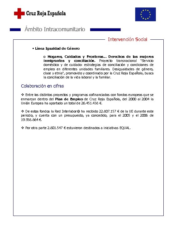  Ámbito Intracomunitario Intervención Social • Línea Igualdad de Género o Hogares, Cuidados y