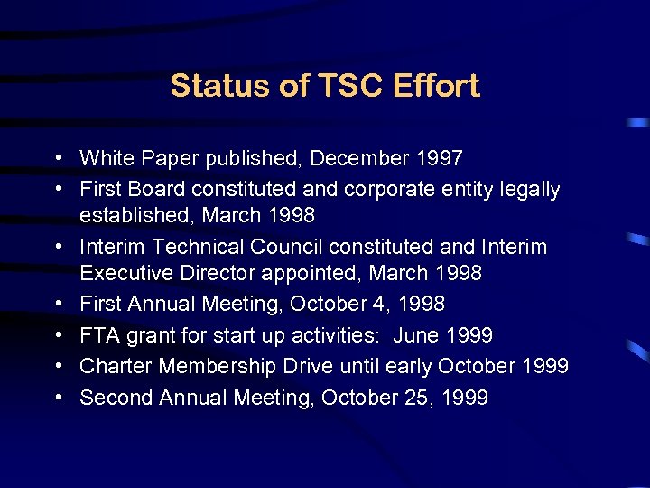 Status of TSC Effort • White Paper published, December 1997 • First Board constituted