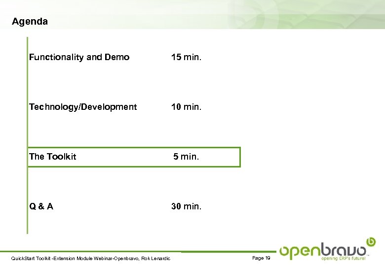 Agenda Functionality and Demo 15 min. Technology/Development 10 min. The Toolkit 5 min. Q&A
