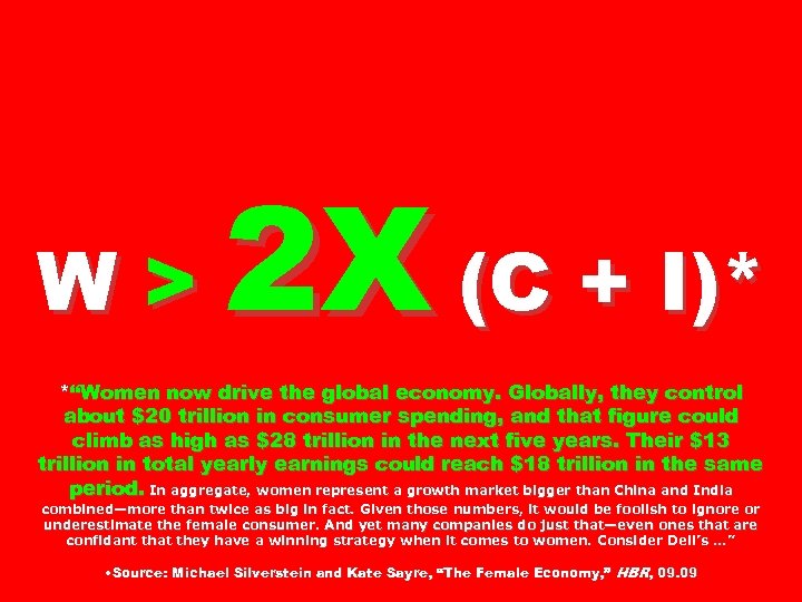 W> 2 X (C + I)* *“Women now drive the global economy. Globally, they