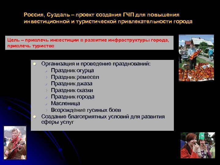 Россия, Суздаль – проект создания ГЧП для повышения инвестиционной и туристической привлекательности города Цель
