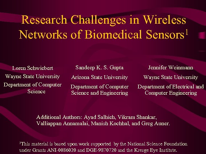 Research Challenges in Wireless Networks of Biomedical Sensors 1 Loren Schwiebert Wayne State University