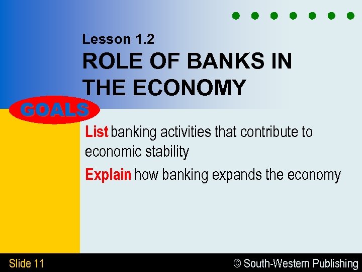 Lesson 1. 2 ROLE OF BANKS IN THE ECONOMY GOALS List banking activities that