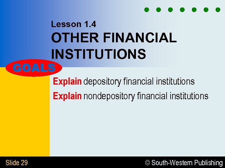 Lesson 1. 4 OTHER FINANCIAL INSTITUTIONS GOALS Explain depository financial institutions Explain nondepository financial