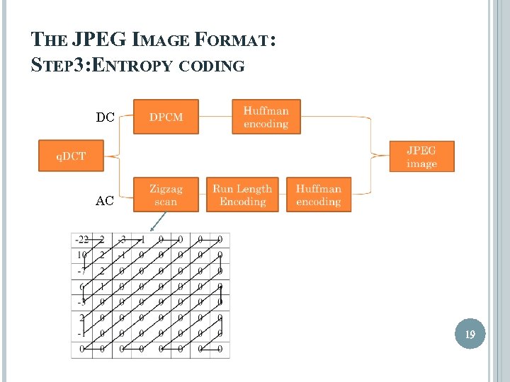 THE JPEG IMAGE FORMAT: STEP 3: ENTROPY CODING DC AC 19 