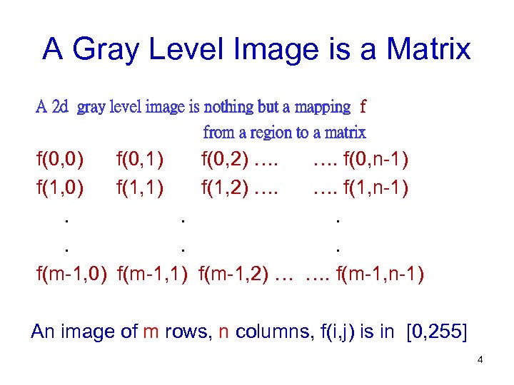 A Gray Level Image is a Matrix A 2 d gray level image is