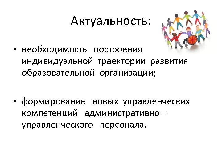 Актуальность: • необходимость построения индивидуальной траектории развития образовательной организации; • формирование новых управленческих компетенций