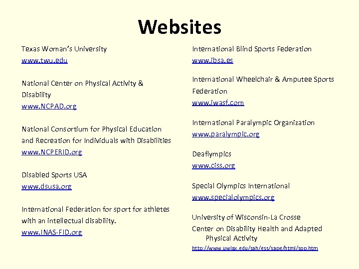 Websites Texas Woman’s University www. twu. edu International Blind Sports Federation www. ibsa. es