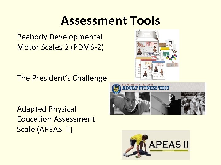 Assessment Tools Peabody Developmental Motor Scales 2 (PDMS-2) The President’s Challenge Adapted Physical Education