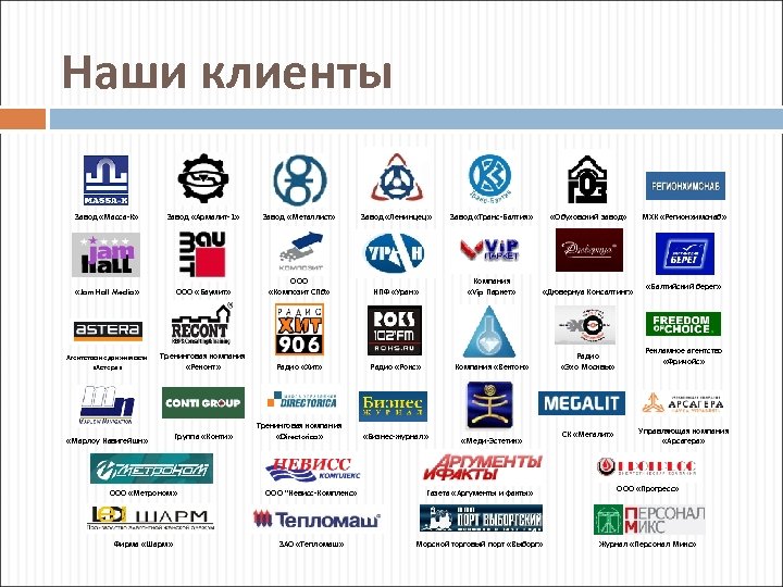 Наши клиенты Завод «Масса-К» Завод «Армалит-1» Завод «Металлист» Завод «Ленинцец» Завод «Транс-Балтия» «Обуховский завод»