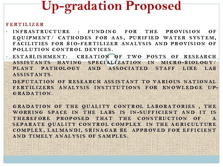 Up-gradation Proposed FERTILIZER • INFRASTRUCTURE : FUNDING FOR THE PROVISION OF EQUIPMENT/ CATHODES FOR