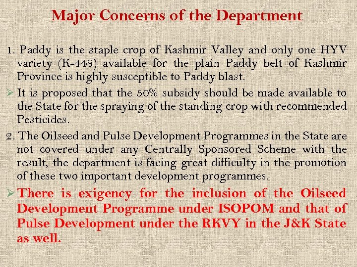 Major Concerns of the Department 1. Paddy is the staple crop of Kashmir Valley