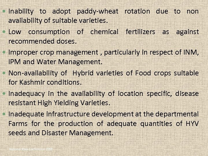  Inability to adopt paddy-wheat rotation due to non availability of suitable varieties. Low