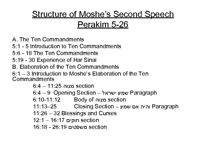 Structure of Moshe’s Second Speech Perakim 5 -26 A. The Ten Commandments 5: 1