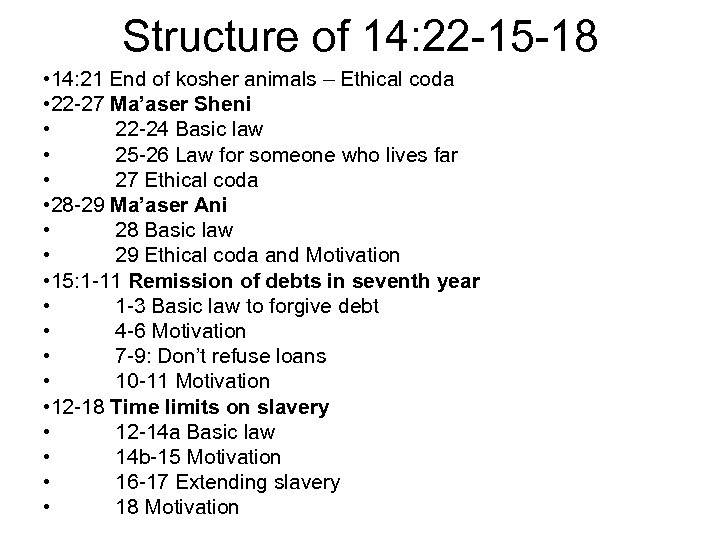 Structure of 14: 22 -15 -18 • 14: 21 End of kosher animals –