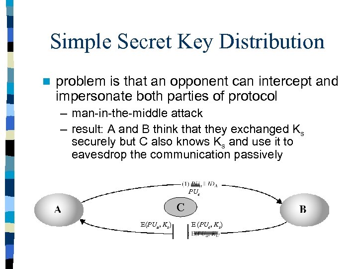 Simple Secret Key Distribution n problem is that an opponent can intercept and impersonate