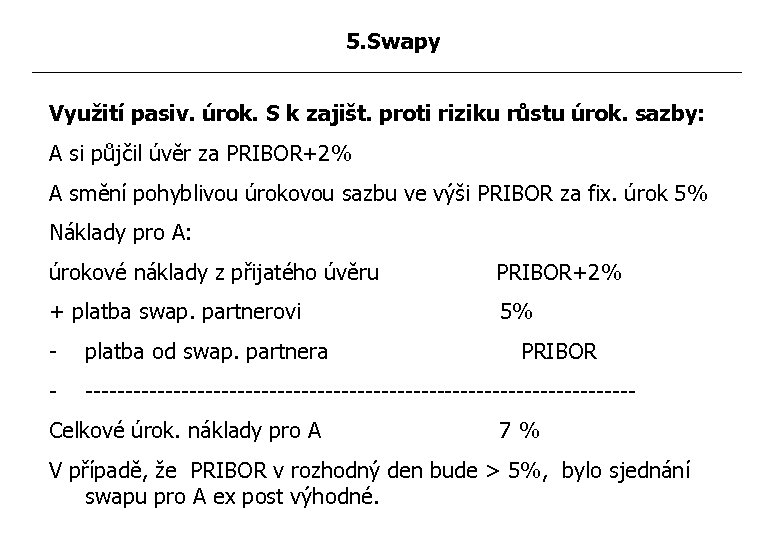 5. Swapy Využití pasiv. úrok. S k zajišt. proti riziku růstu úrok. sazby: A