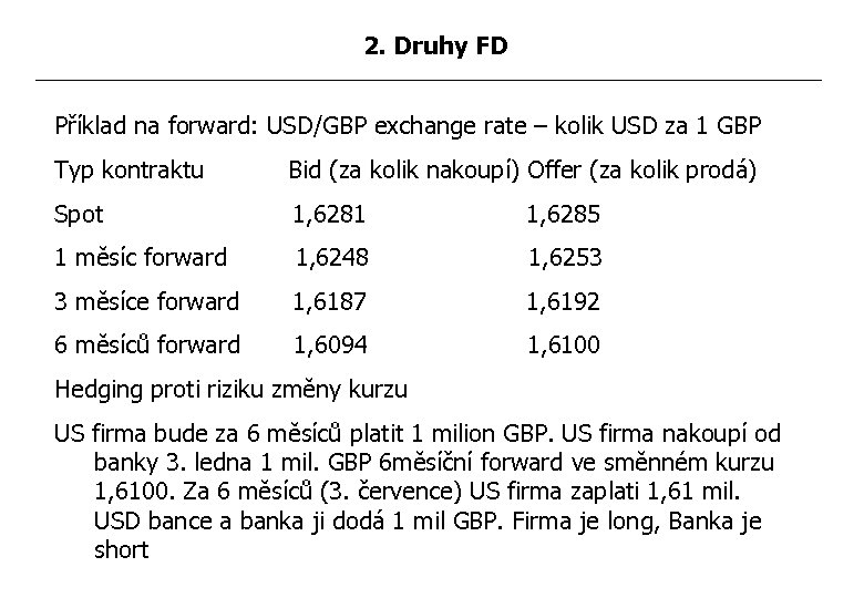 2. Druhy FD Příklad na forward: USD/GBP exchange rate – kolik USD za 1