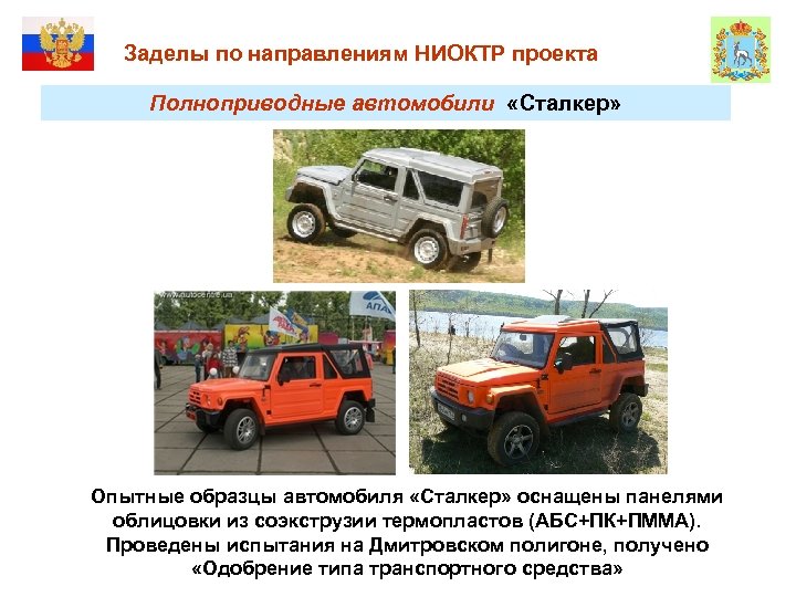  Заделы по направлениям НИОКТР проекта Полноприводные автомобили «Сталкер» Опытные образцы автомобиля «Сталкер» оснащены