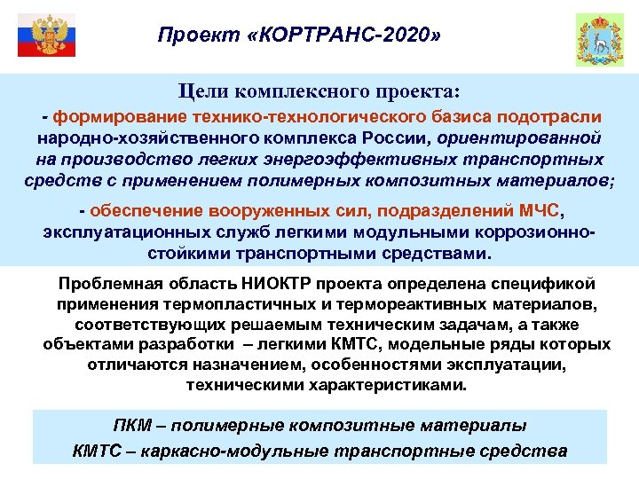 Проект «КОРТРАНС-2020» Цели комплексного проекта: - формирование технико-технологического базиса подотрасли народно-хозяйственного комплекса России, ориентированной