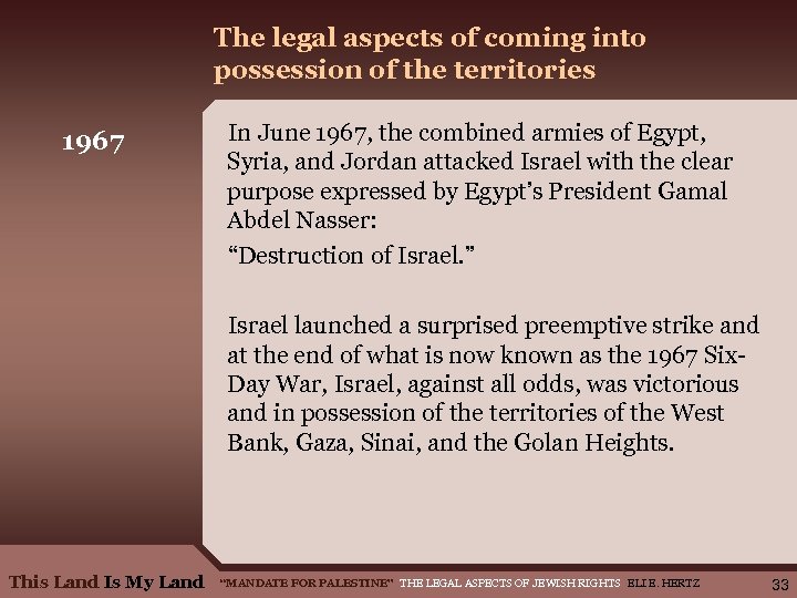 The legal aspects of coming into possession of the territories 1967 In June 1967,
