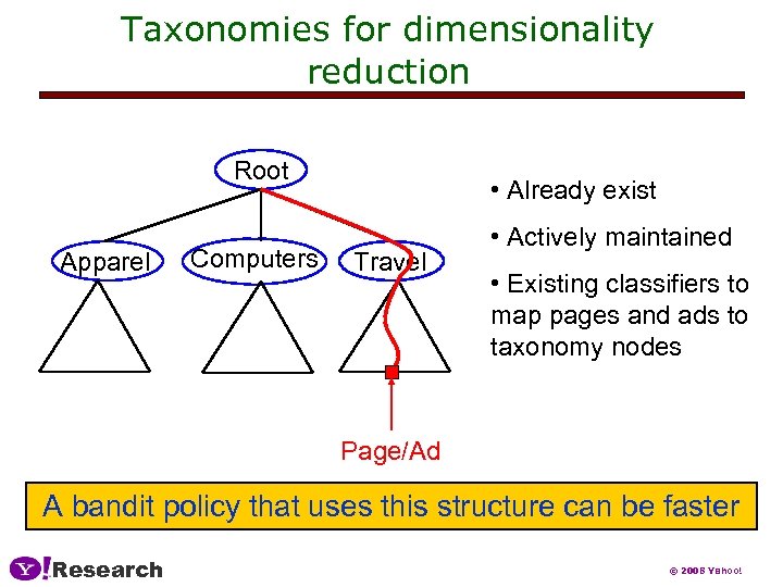 Taxonomies for dimensionality reduction Root Apparel Computers • Already exist Travel • Actively maintained