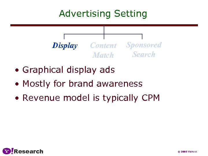 Advertising Setting Display Content Match Sponsored Search • Graphical display ads • Mostly for