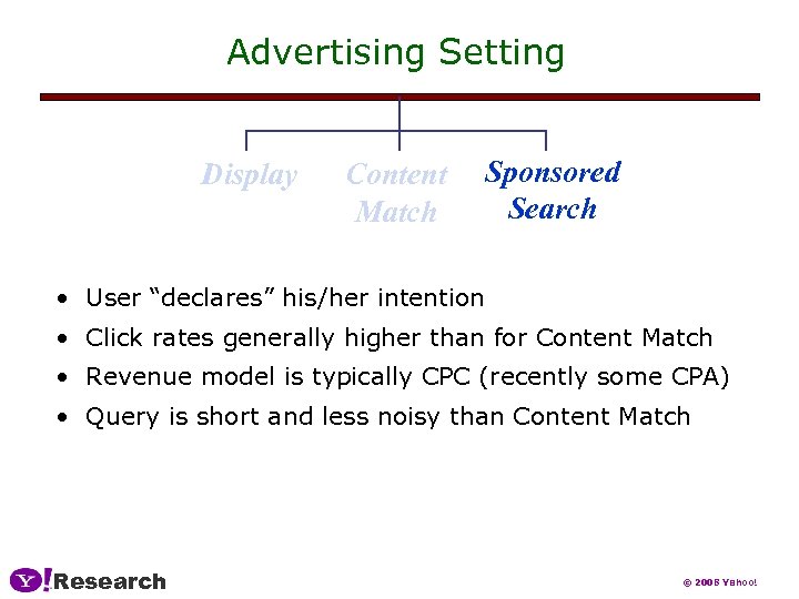 Advertising Setting Display Content Match Sponsored Search • User “declares” his/her intention • Click