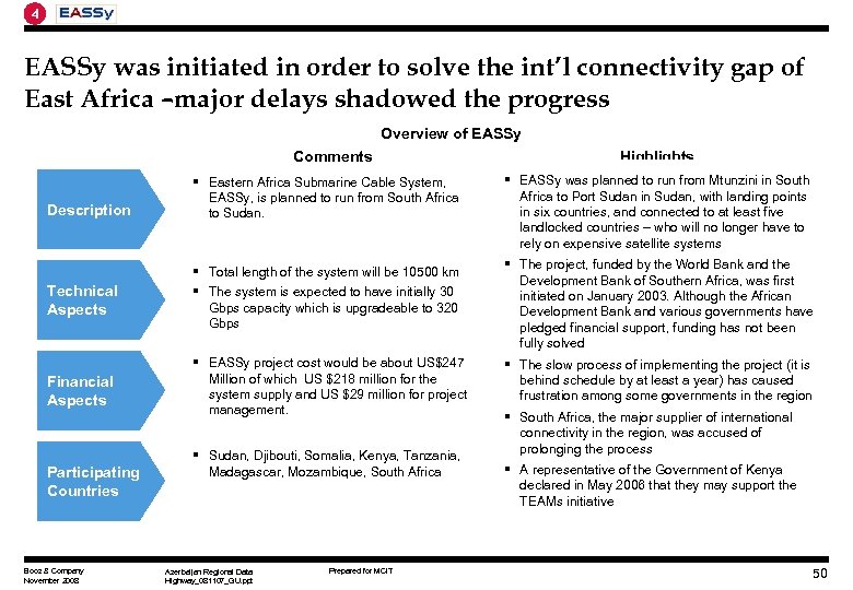 4 EASSy was initiated in order to solve the int’l connectivity gap of East