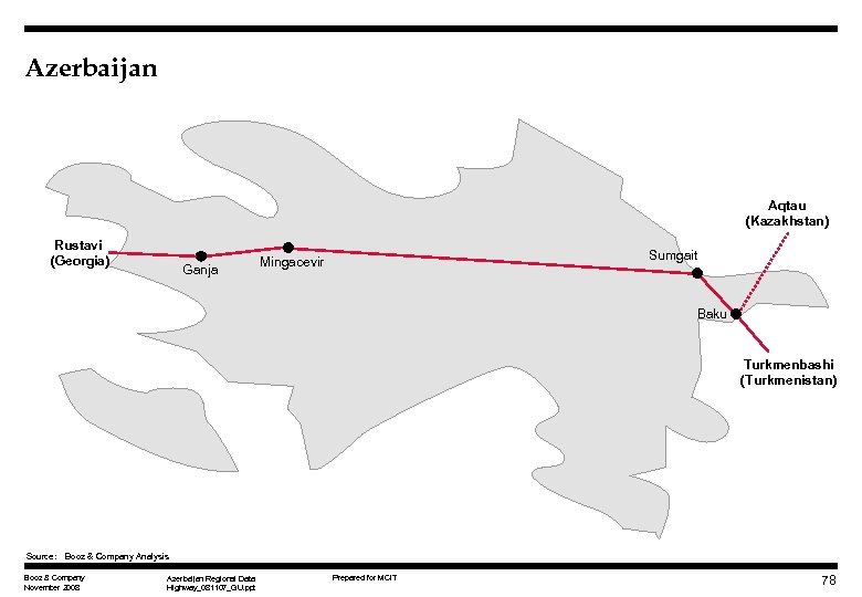 Azerbaijan Aqtau (Kazakhstan) Rustavi (Georgia) Ganja Sumgait Mingacevir Baku Turkmenbashi (Turkmenistan) Source: Booz &