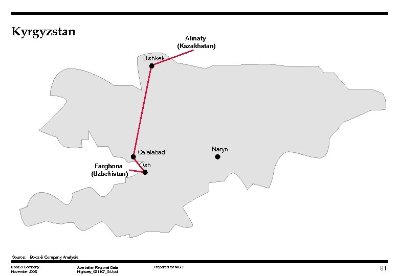 Kyrgyzstan Almaty (Kazakhstan) Bishkek Calalabad Farghona (Uzbekistan) Naryn Osh Source: Booz & Company Analysis