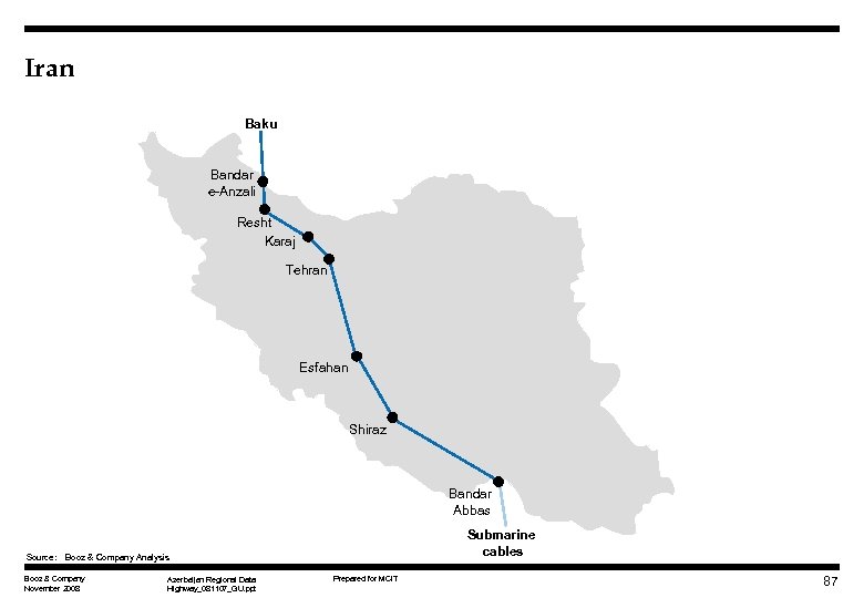 Iran Baku Bandar e-Anzali Resht Karaj Tehran Esfahan Shiraz Bandar Abbas Submarine cables Source: