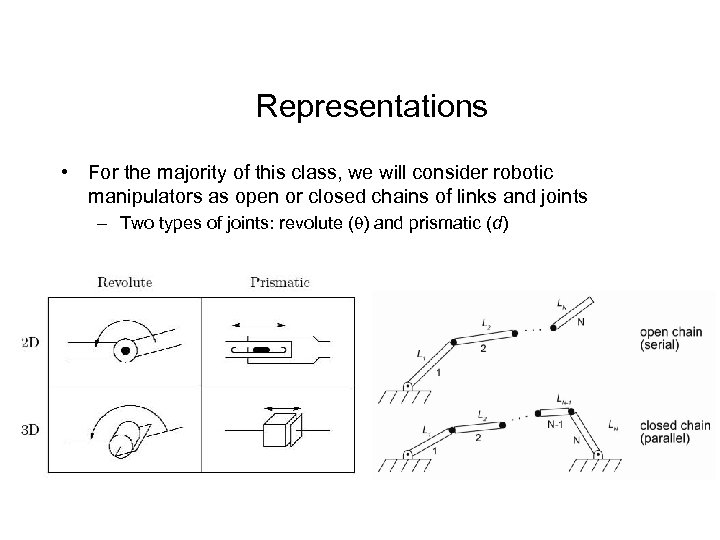 Representations • For the majority of this class, we will consider robotic manipulators as